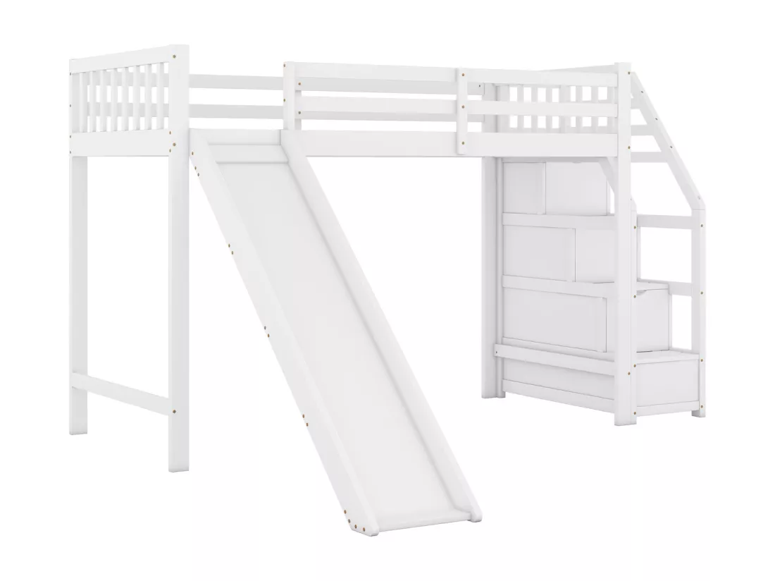 Lit mezzanine 90x200cm, lit enfant avec toboggan, échelle de rangement, certifié EN747, blanc
