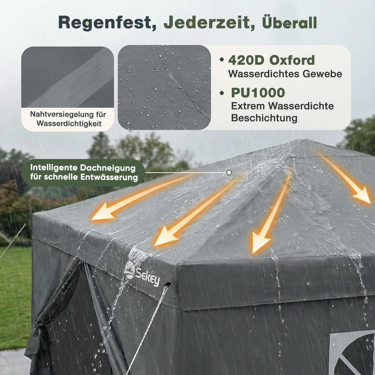 Sekey Premium Pop Up Pavillon 3x3 Wasserdicht Stabil, 3 x 3 m Pavillon mit Seitenwänden, Faltpavillon Partyzelt Faltbar für Camping Party, Höhe Verstellbar 250-270cm, (Grau, Mit Seitenwänden)