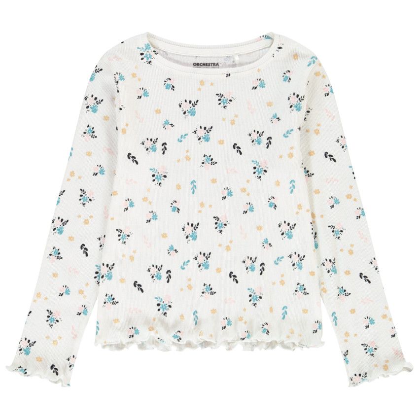 T-shirt manches longues côtelé imprimé fleuri pour fille - Ecru