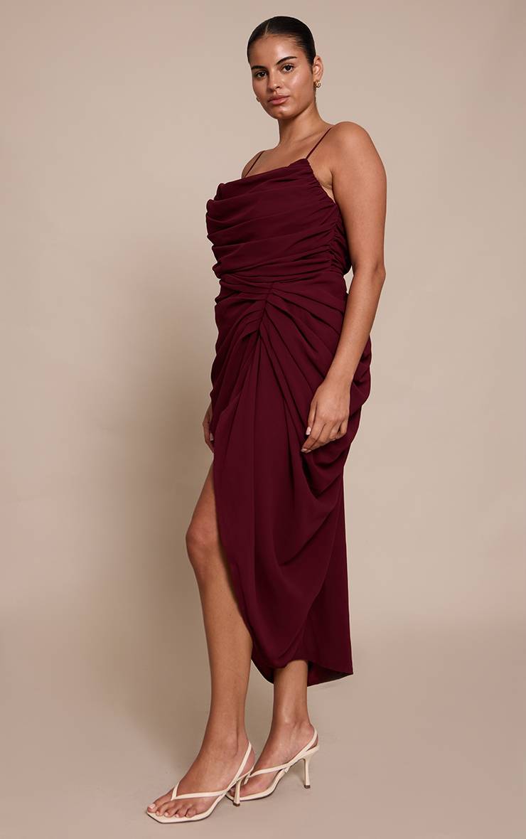 Rouge Vin Robe Midi Drapée Froncée En Mousseline Bleu Clair Grande Taille