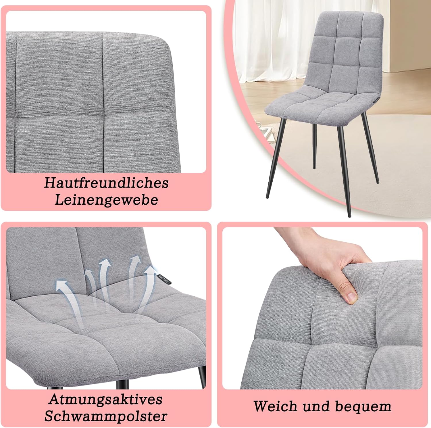 Esszimmerstühle 6er Set, Gepolsterter Stuhl mit Hoher Rückenlehne und Leinendesign, Esstischstühle mit Metallfuß, für Esszimmer, Wohnzimmer, Küche, Schlafzimmer und Empfangsraum, Grau