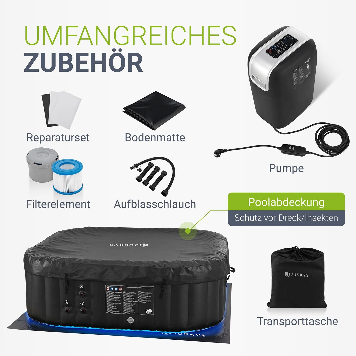 Juskys Whirlpool Palmira für 6 Personen - Outdoor Indoor Pool aufblasbar, eckig & LED - Schwarz