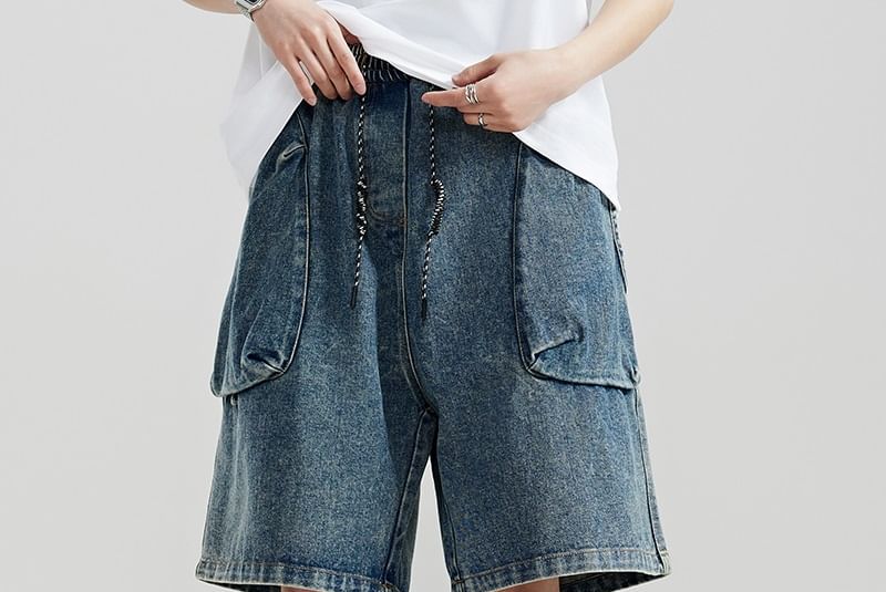 Adotuastic - Gewassen wijde denim shorts met trekkoord in de taille