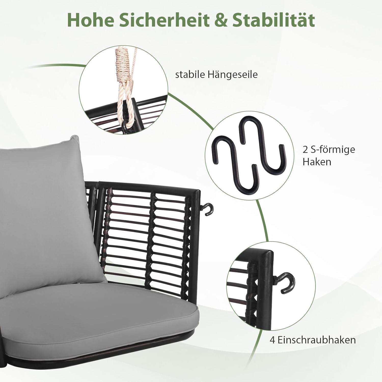 COSTWAY Hängesessel Rattan, bis 180kg belastbar, Hängesitz mit Kissens & Metallrahmen & Hängeseilen, Hängestuhl Schaukelstuhl Schaukel, Schaukelsessel für Veranda Garten Hinterhof (Grau)