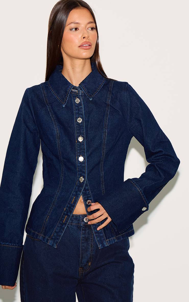 Bleu Indigo Chemise En Jean À Manches Longues Avec Taille Froncée