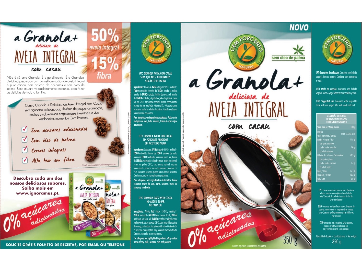 GRANOLA CEM PORCENTO CACAU SEM AÇÚCAR ADICIONADO 350G