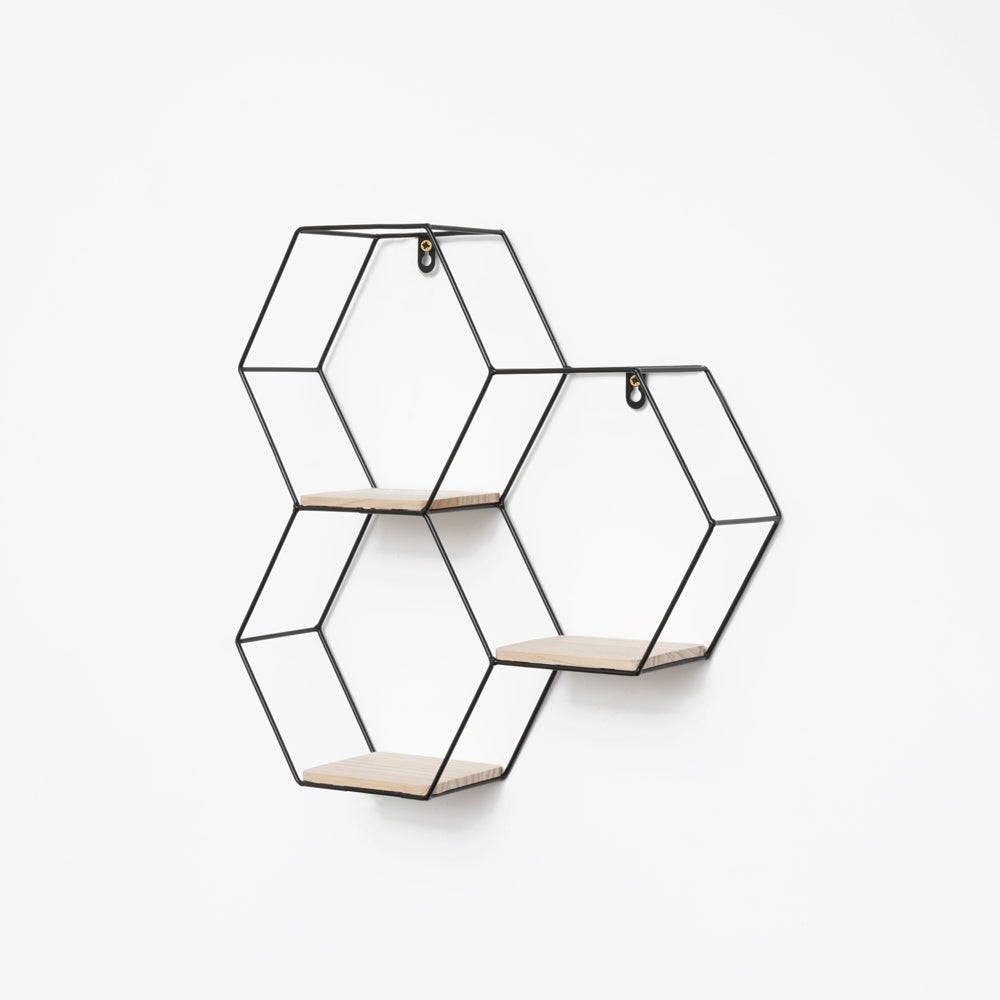 Drievoudige zeshoekige metalen wandplank - 40,5 x 41 cm - Zwart