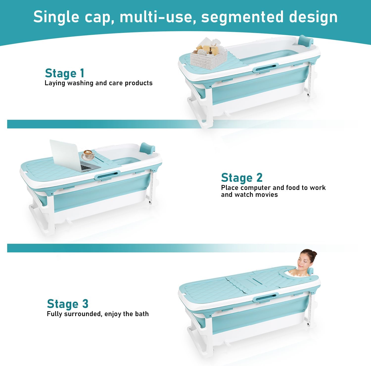 Ikodm Faltbare Badewanne Erwachsene - XL 132x60x50cm, Klappbare mobile Badewanne mit Abdeckung, Massagerollen & Korb, Klappbadewanne für Badezimmer, Dusche und Balkon (Blau)