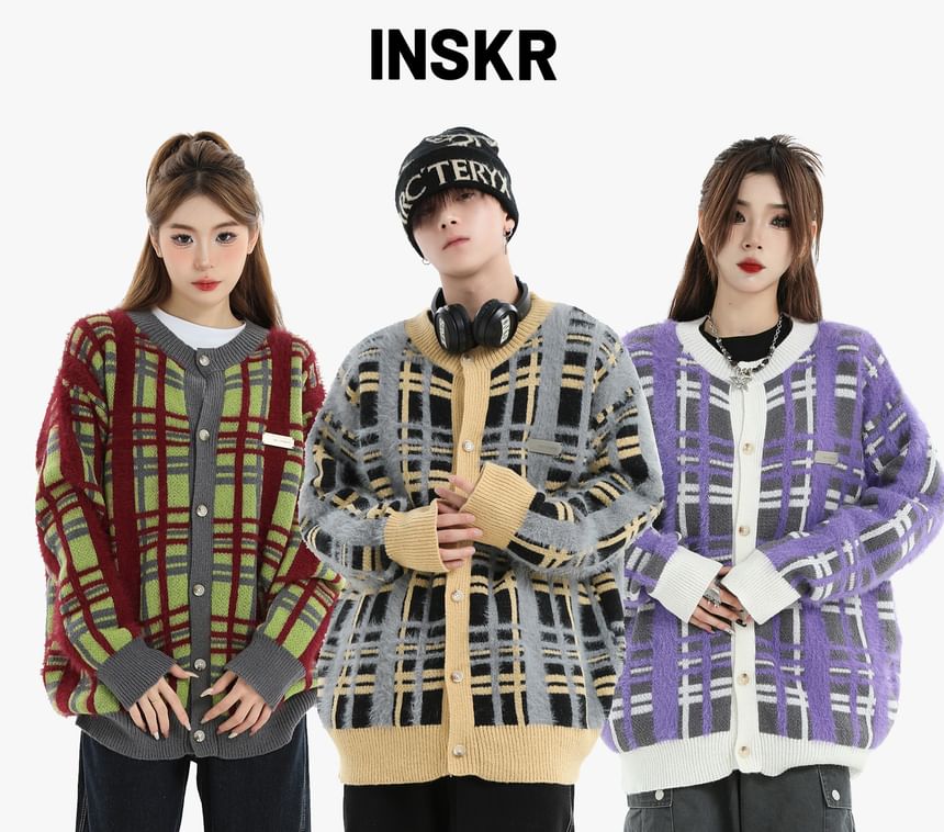 Banash - Matching ronde hals geruite oversized cardigan voor koppels