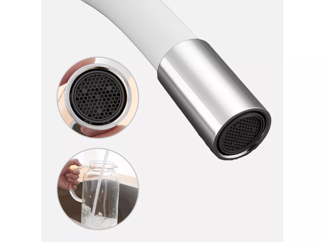 2pcs Robinet de Cuisine Flexible Bec Haut Orientable Librement Mitigeur Évier Laiton Robinet Evier Monotrou à Eau Chaude et Froide,Blanc