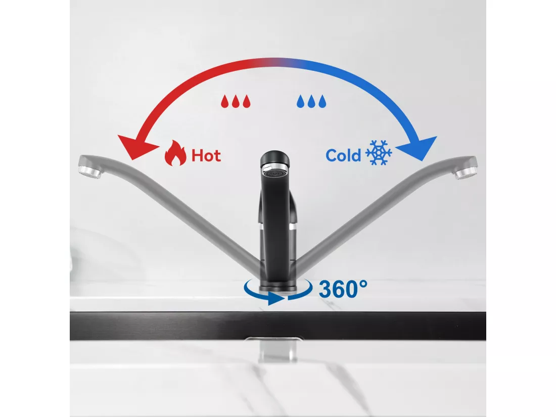 2PCS Mitigeur d'Evier,Robinet Cuisine Orientable à 360°, Les Conduites d'eau Chaude et Froide et Les Accessoires Sont Complets,en Laiton,Noir