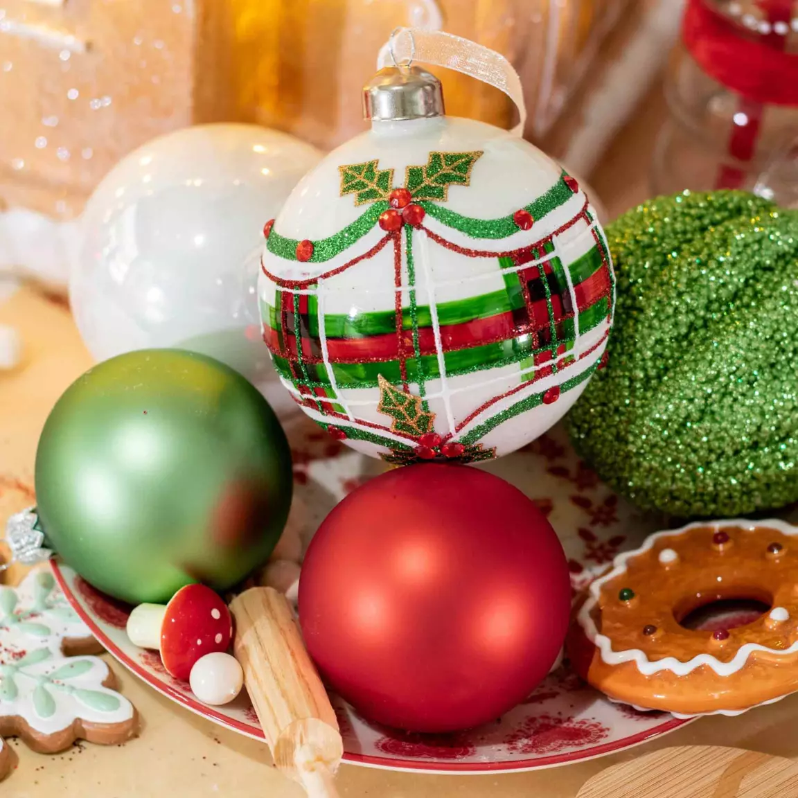 Lot de 3 boules de Noël en verre (D12 mm) Houx en feuille Vert