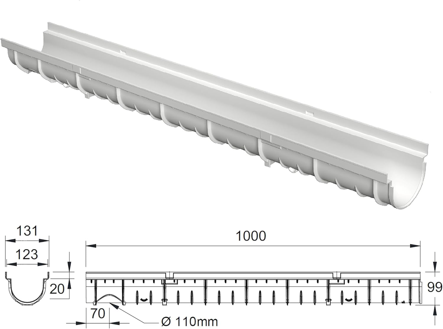 MEA Entwässerungsrinne DECOLINE aus GFK, 6er Pack (6x1m) mit Längsstabrost aus Kunststoff in steingrau mit Zubehör - Entwässerungssystem für Terrassen, Schwimmbäder, Garageneinfahrten, Fußgängerzonen