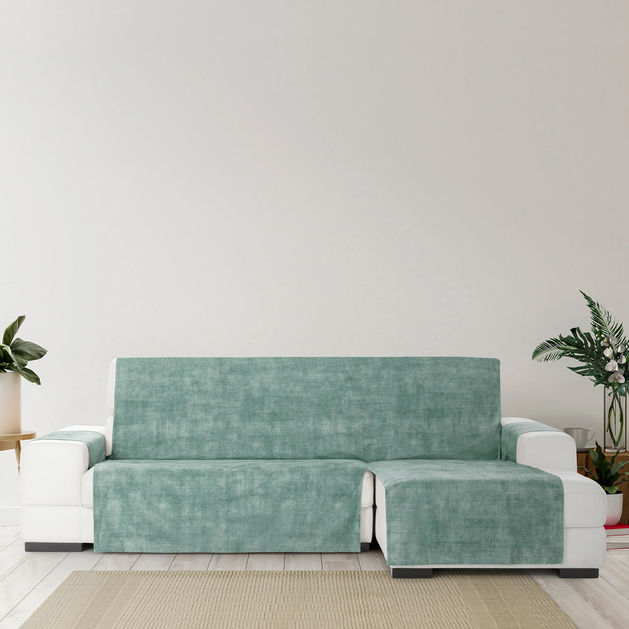 Capa protetora antimanchas para sofá com acabamento em veludo, verde, chaise longue à direita, 240 cm (250-300 cm)