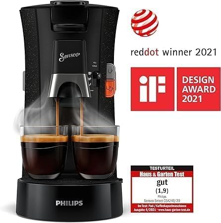 Philips Senseo Select ECO-Kaffeepadmaschine Bundle mit 66 Kaffeepads,3 Kaffeespezialitäten, Memo-Funktion, Crema Plus, Intensität Plus, aus recyceltem Plastik, 0,9L, Schwarz Eco (CSA240/20)