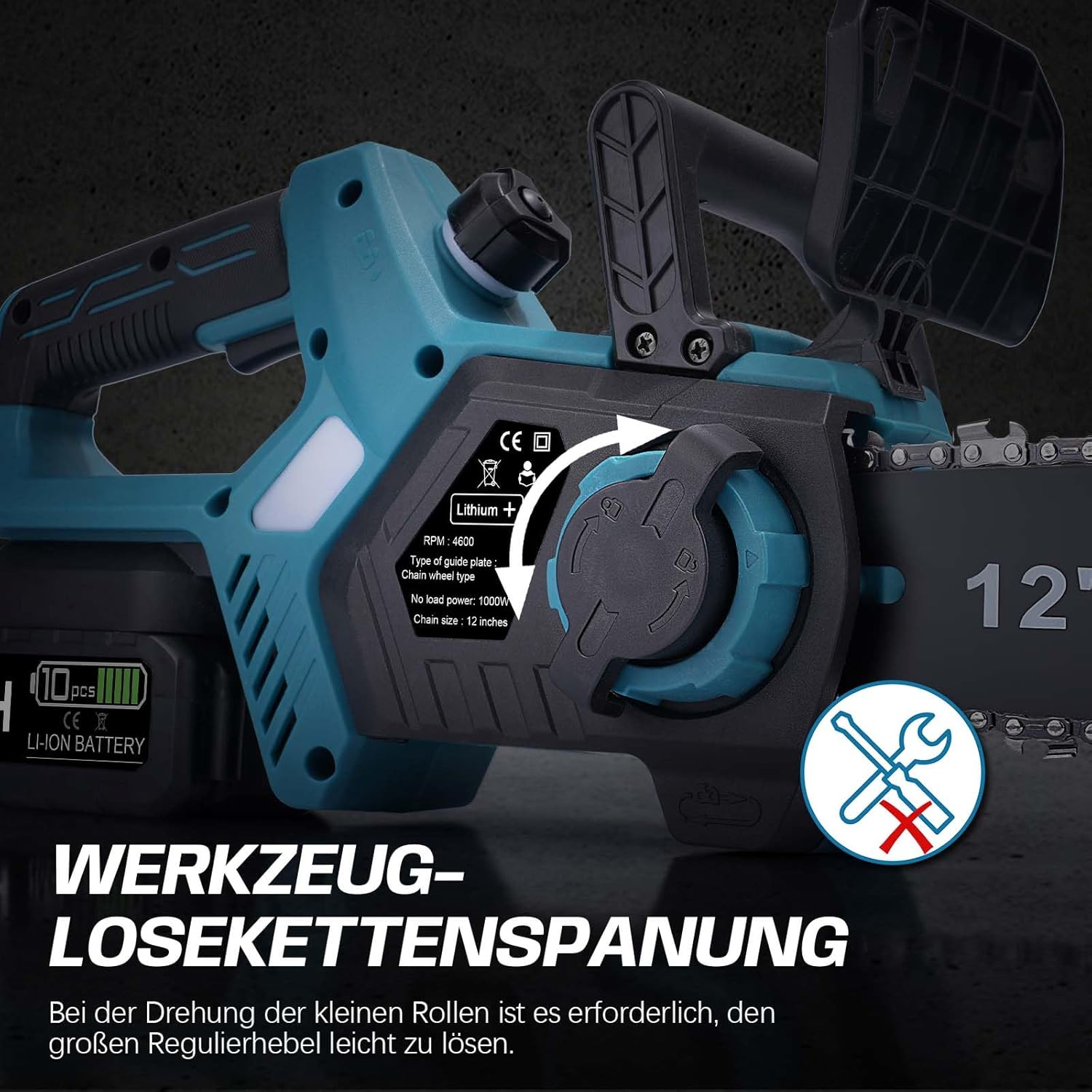 Akku Kettensäge 12 Zoll, 2x4000mAh Elektro Kettensäge | 1000W Bürstenloser Motor | Kompatibel mit Makita 18V Akku | Automatische Kettenschmierung | Werkzeuglose Kettenspannung | 30cm Schwertlänge