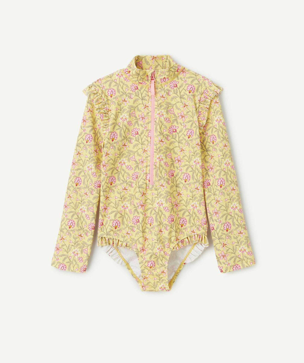 COMBINAISON ANTI-UV FILLE EN FIBRES RECYCLÉES JAUNE AVEC IMPRIMÉ FLEURI