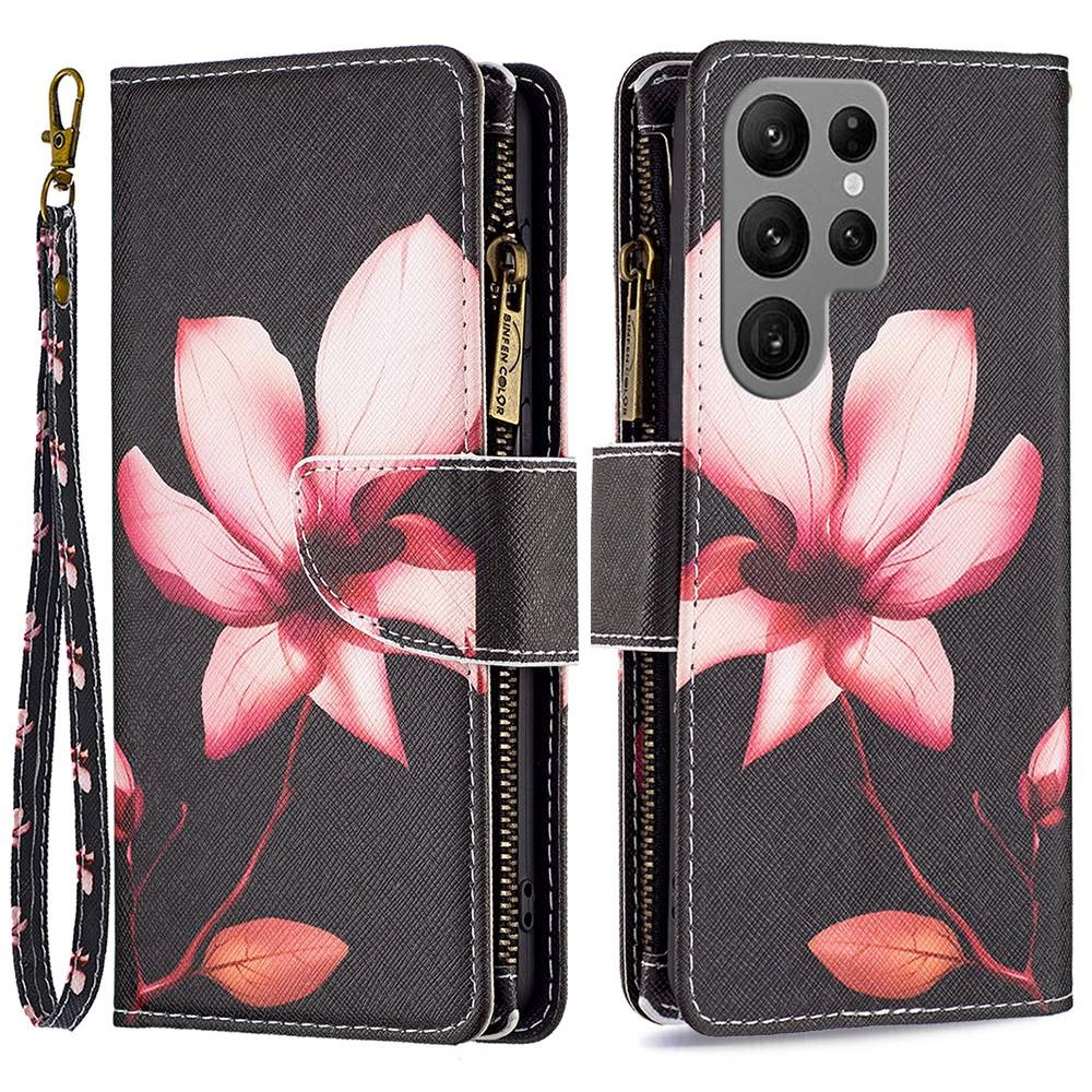 Samsung Galaxy S23 Ultra 5G Leder Wallet Etui Tasche mit 9 Kartenfächern   Münzfach - Pinke Blumen
