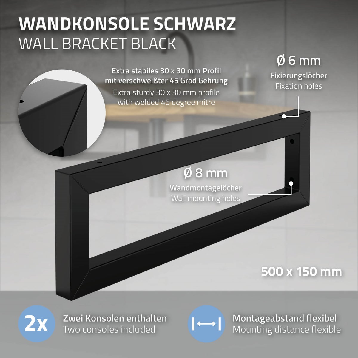 ML-Design 2-delige set wandgemonteerde wastafelconsoles, 500x150 mm, zwart, staal, design wastafeldrager, wandgemonteerde onderconsole voor wastafelblad, consoledrager, plankdrager, plankhouder, handdoekhouder