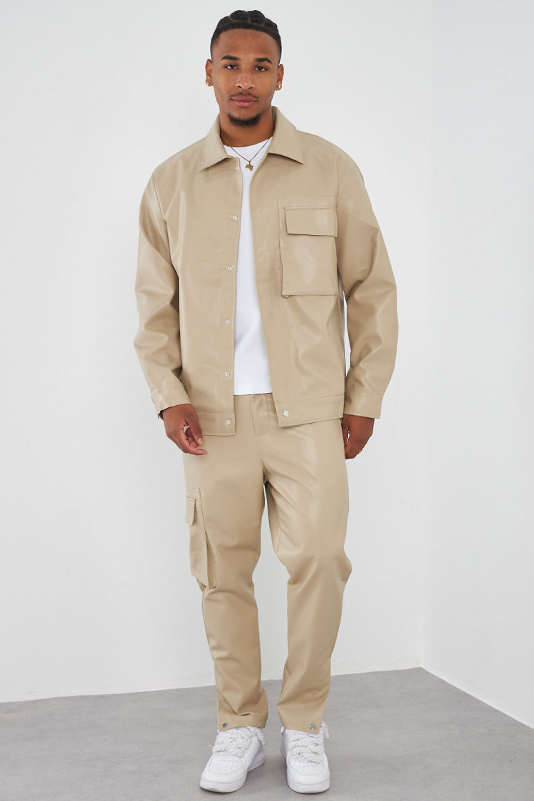 Ensemble 2 pièces veste + pantalon en simili cuir beige