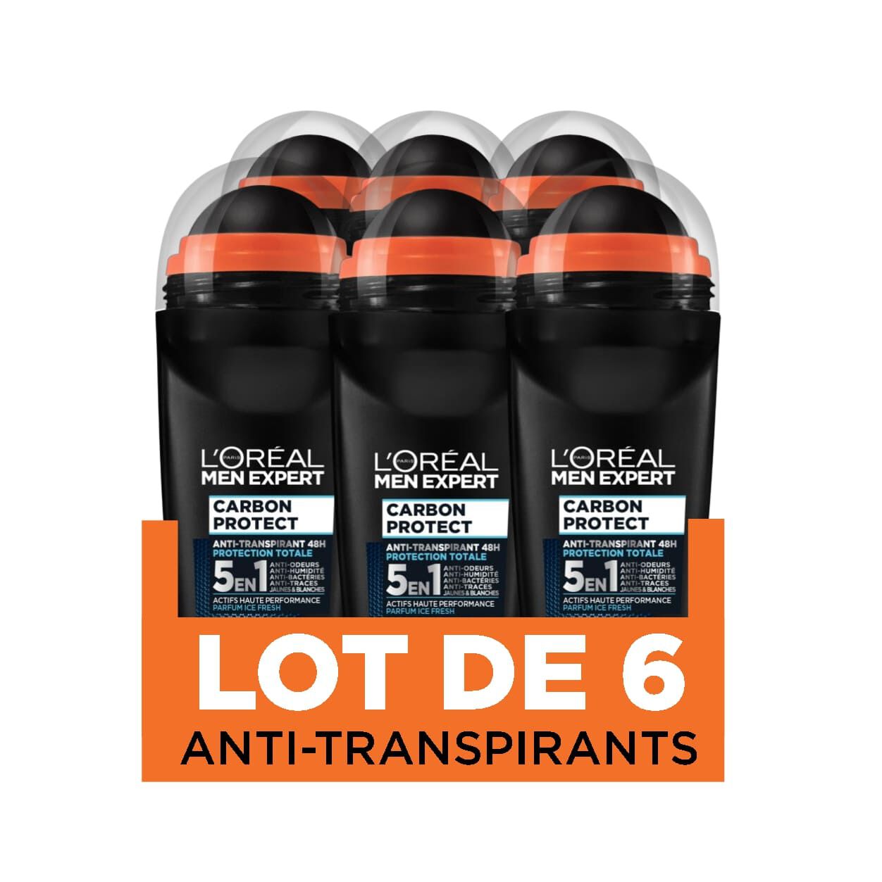 Lot de 6 Déodorants Bille Men Expert Carbon Protect 5-en-1 Ice Fresh