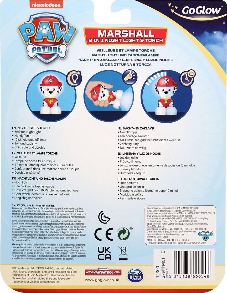 Paw Patrol - 2-I-1 Natlampe Og Lommelygte - Marshall - Goglow