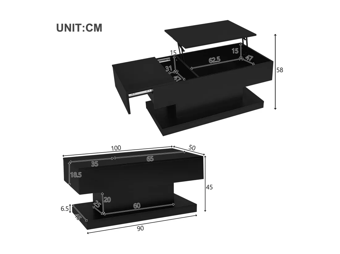 Table basse relevable avec LED - avec espace de rangement et plateau semi-relevable - Noir