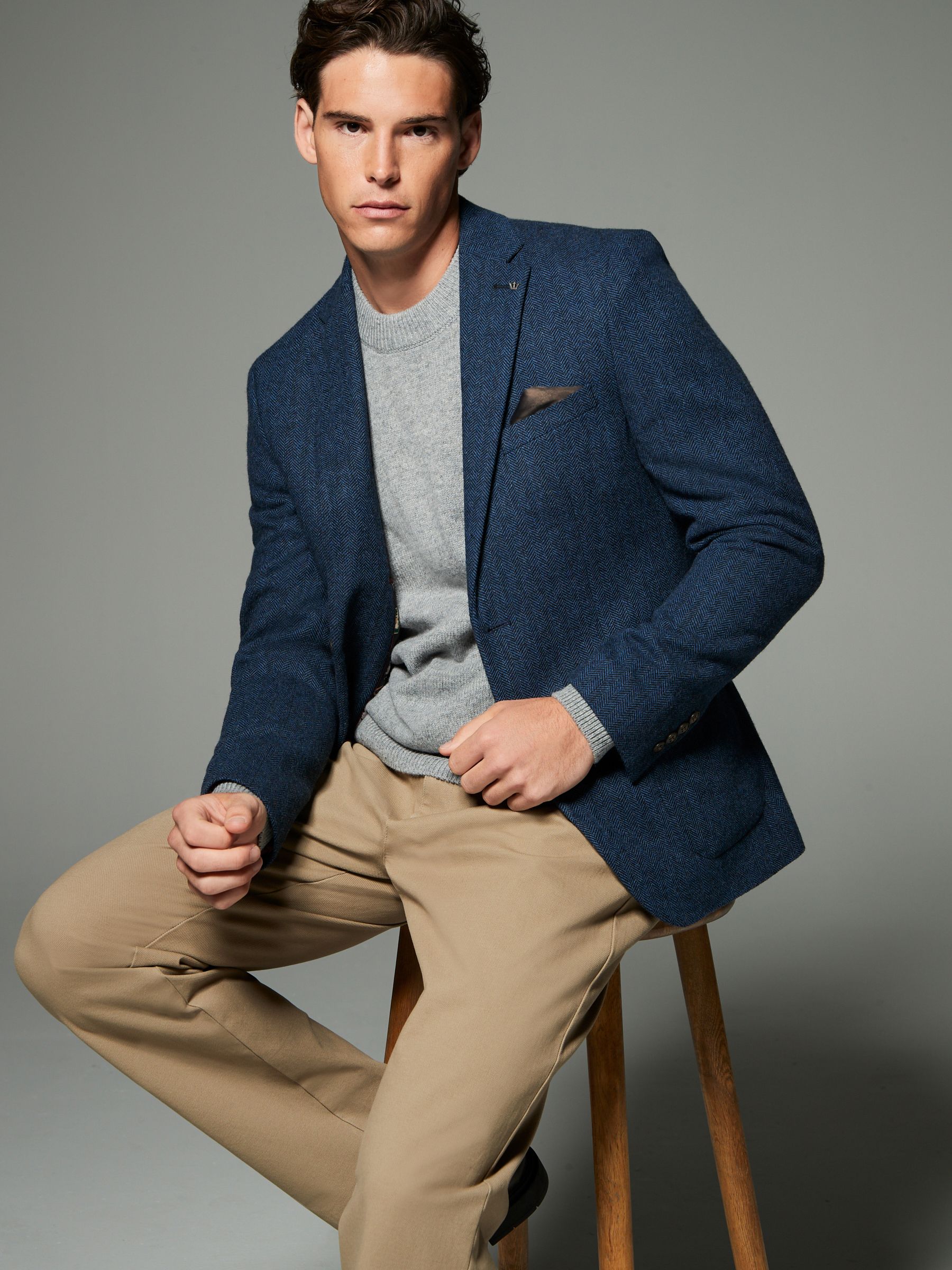 Blauw - Normale Pasvorm - Blazer met visgraatmotief en hoog wolgehalte