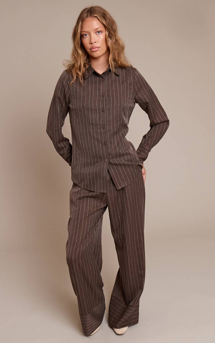 Marron Ensemble Coordonné Chemise Asymétrique À Rayures Fines Gris Clair