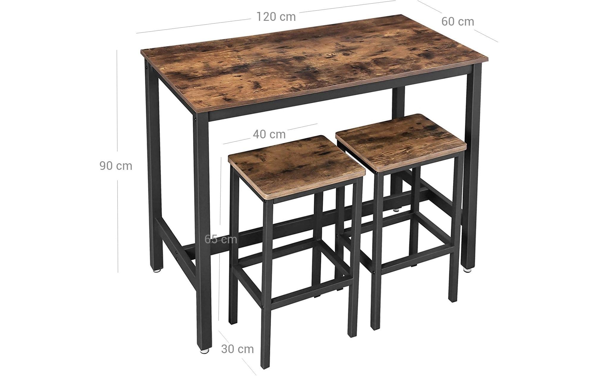 Bartisch mit 2 Hockern 40/120 x 65 cm/90 cm, Braun/Schwarz<br>Bartisch-Set aus Holz und Stahl