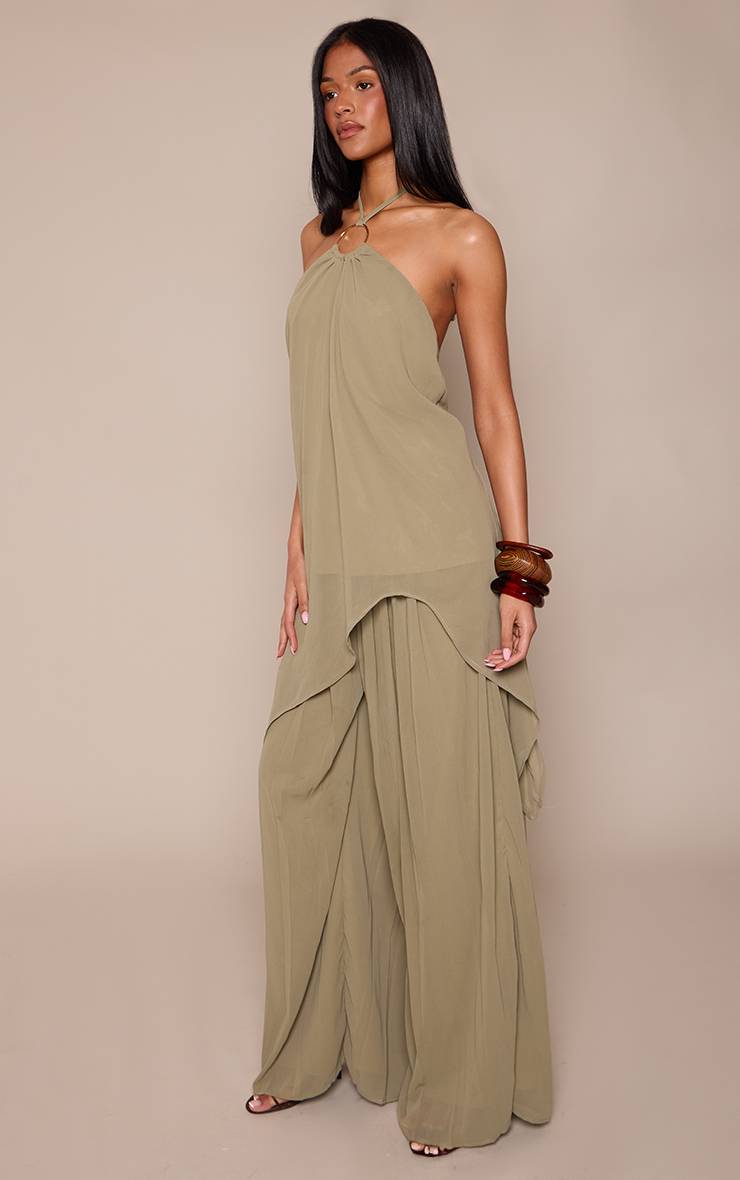 Vert Olive Pantalon Plissé Fluide Taille Haute Ensemble Coordonné