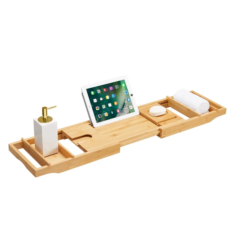 Badplank met Boekenhouder – Uitschuifbare Bad Brug – 75 tot 109 cm Breed