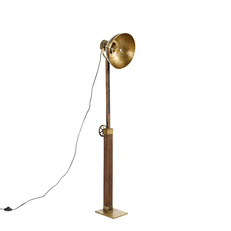 Industriele vloerlamp brons met mango hout - Mangoes