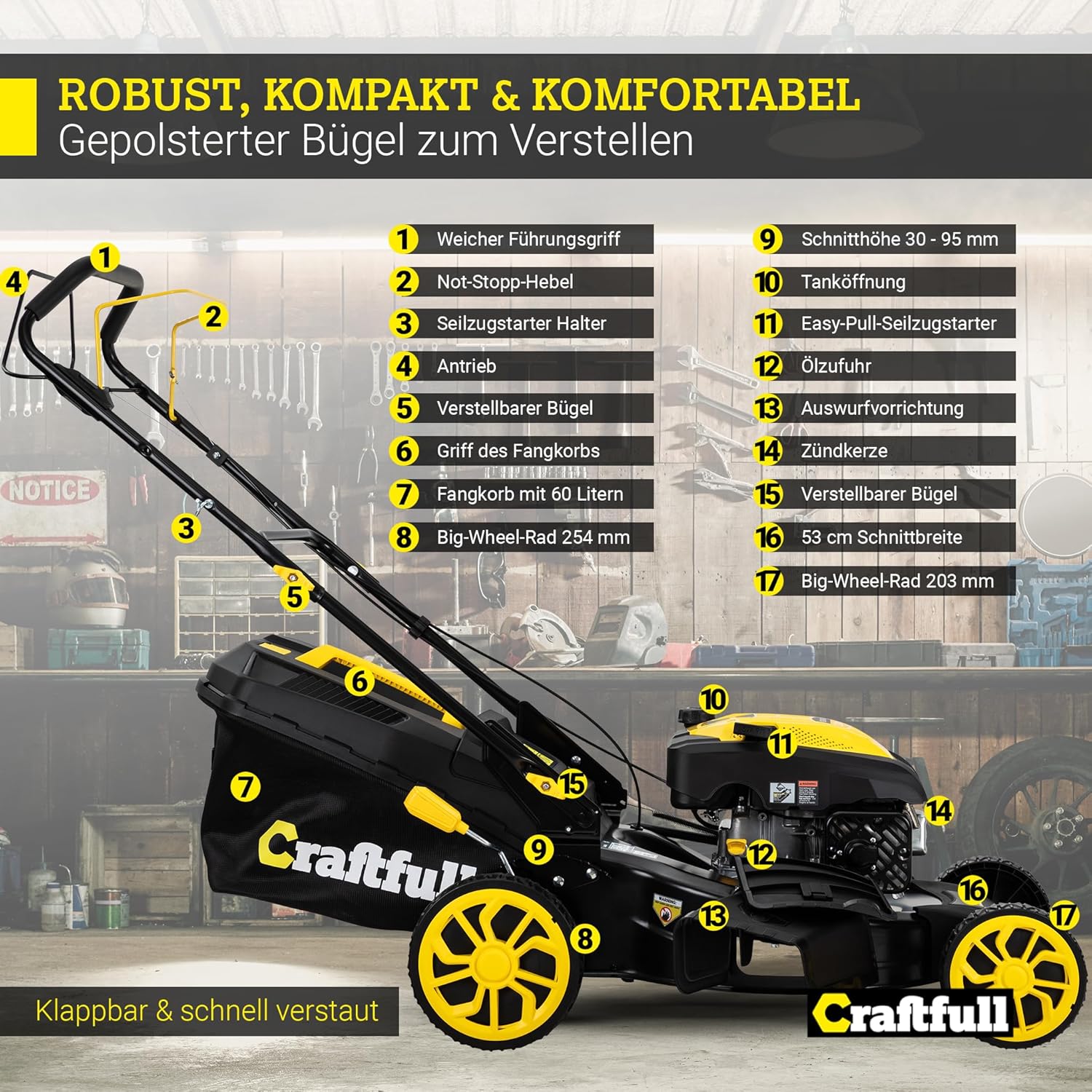 Craftfull Rasenmäher CR-196-30 | 4,4 KW 6 PS | 190 cm³ OHV Motor | Benzinrasenmäher - Mäher Benzin - Selbstfahrantrieb - 53 cm Schnittbreite in 7 Stufen (CR-196-30 4,4 KW 6 PS 190 cm³ Motor Gelb)
