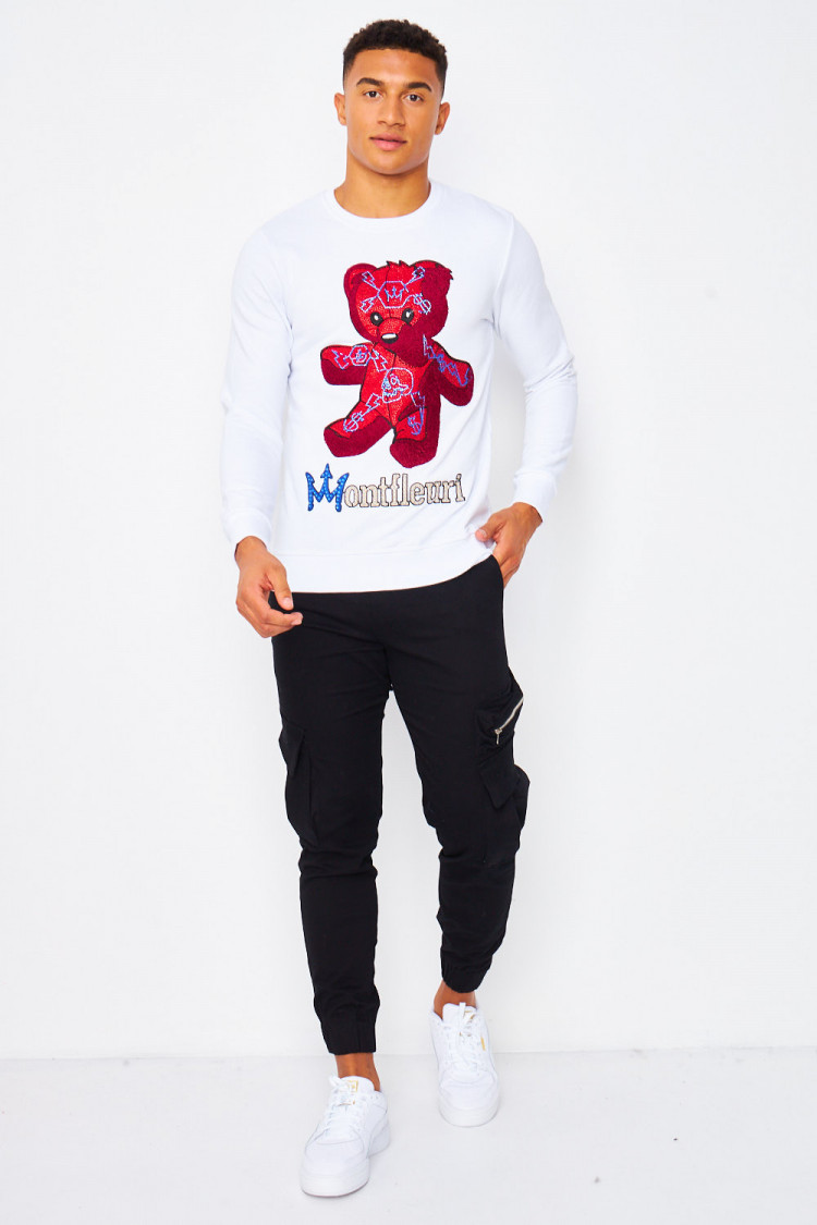 Sweat blanc Ourson rouge en strass