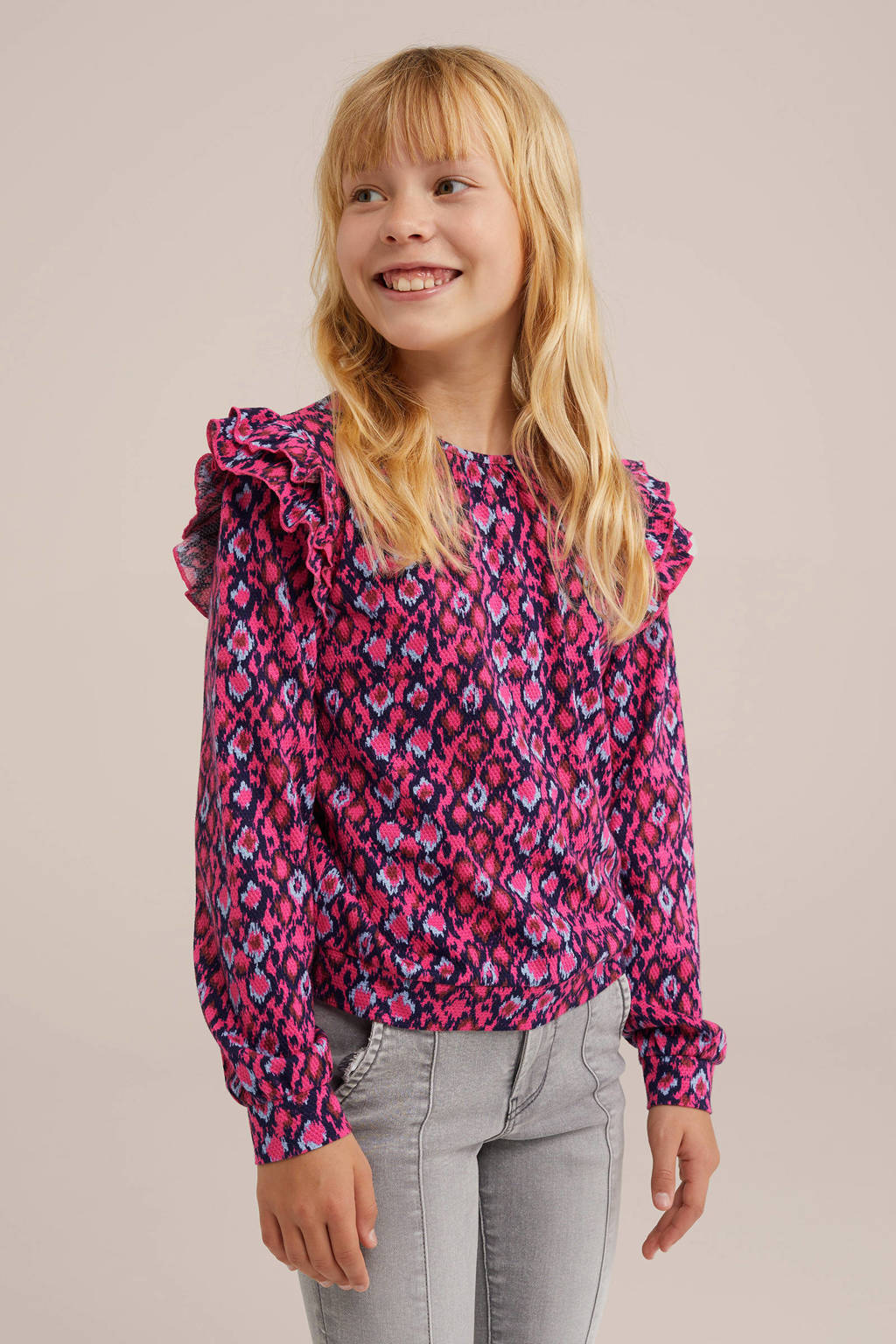 WE Fashion longsleeve met all over print en ruches roze/donkerblauw/multicolor