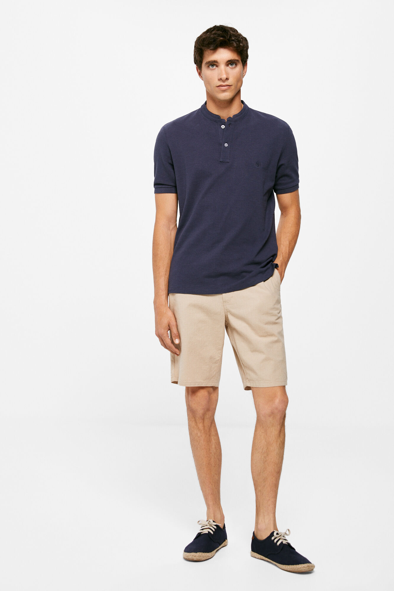 Camisa polo, tecido texturizado laranja tangerina - azul escuro
