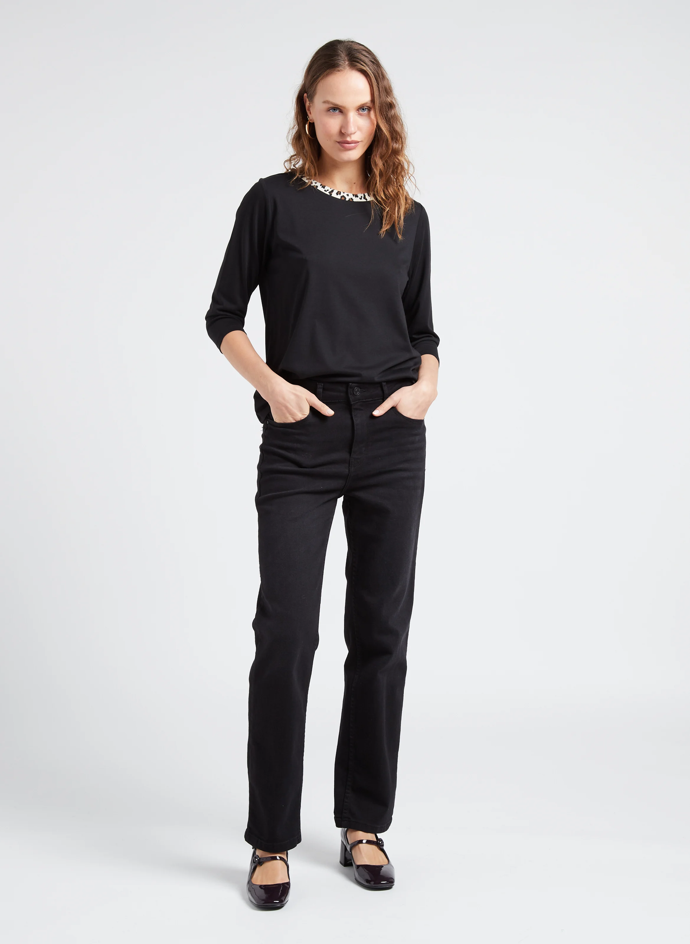 THILDA - Tee-shirt col rond en coton mélangé | Noir