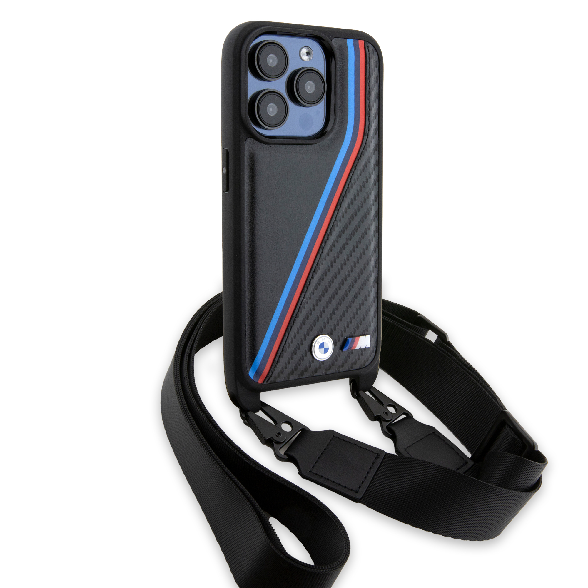 (160cm) iPhone 15 Pro Necklace Leder Hardcase Hülle Carbon Tricolor Lines & Strap   Handykette (BMHCP15L23PSVTK) - Schwarz