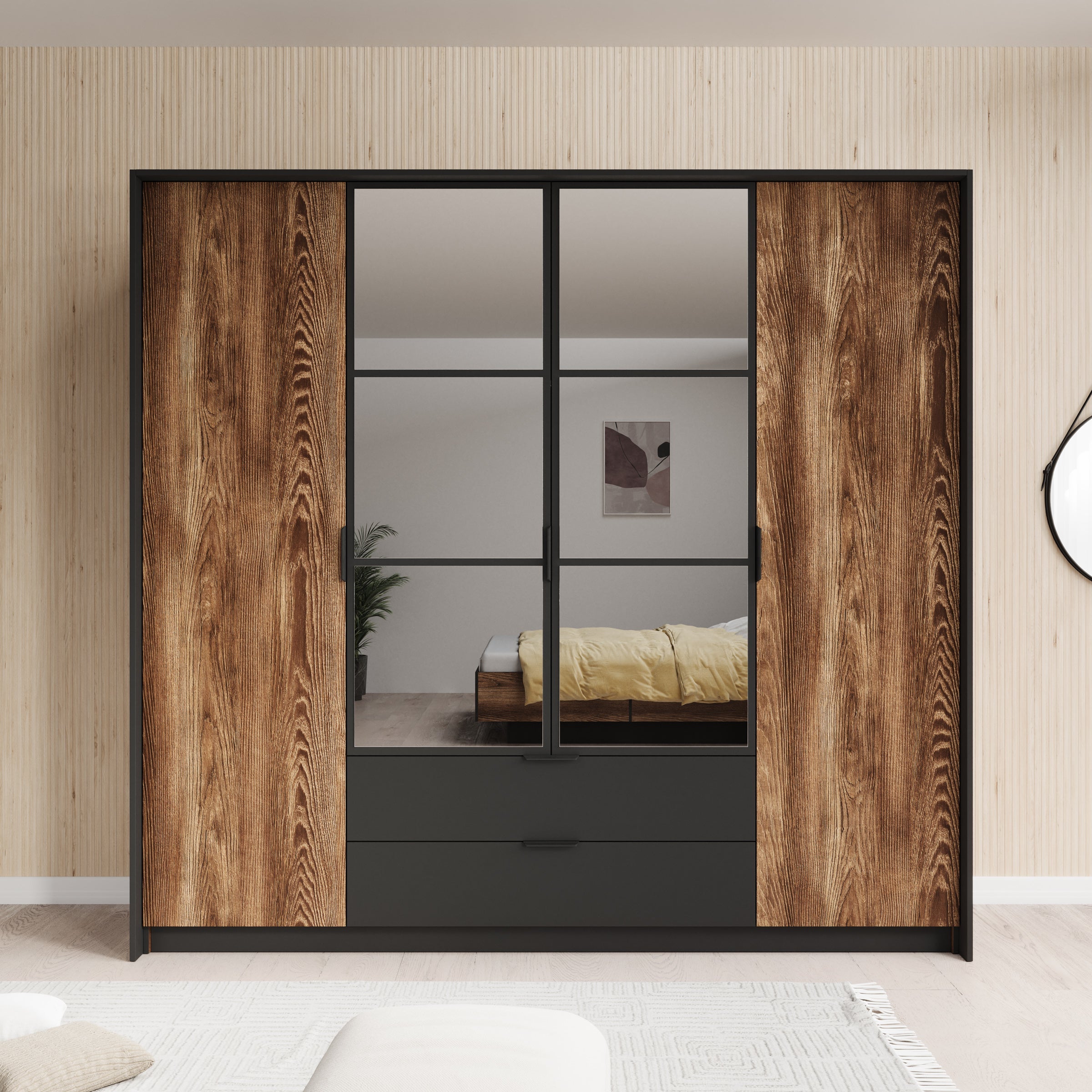 Meubella - Kledingkast Mulvey - Eiken - Antraciet - 220 cm- Spiegel