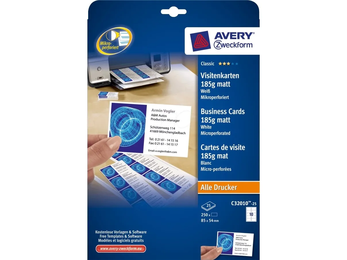 Visitkort Avery C32010-25 - Hvid - 54 x 85 mm - 185 g/m² - 250 stk. (25 ark x 10)