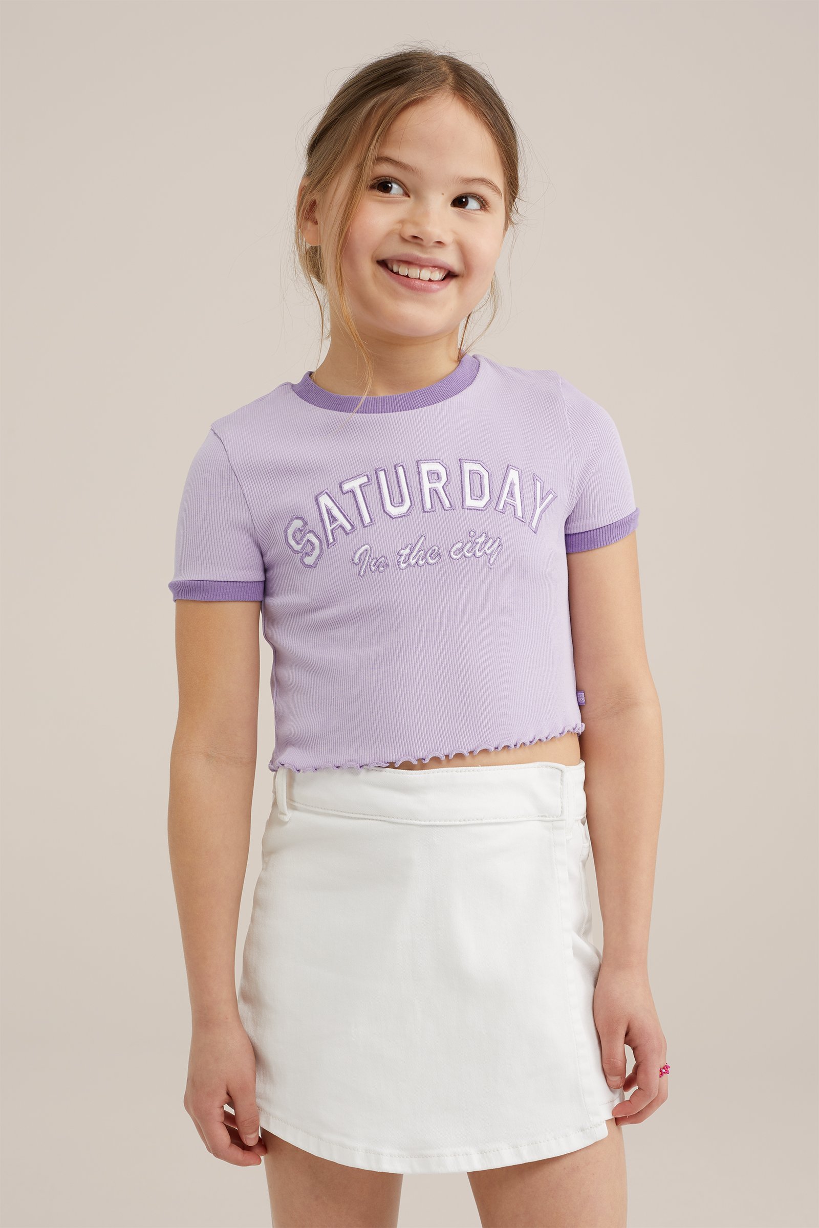 Meisjes cropped T-shirt van ribstof WE Fashion Lila