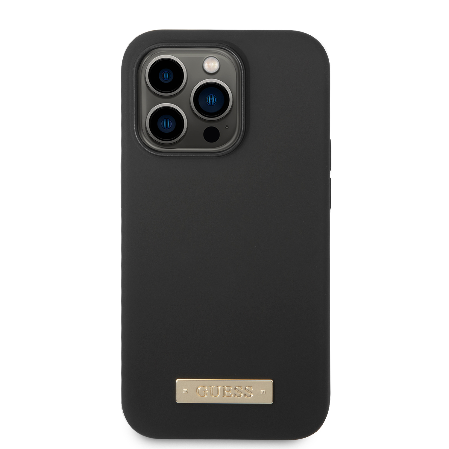 iPhone 14 Pro MagSafe Silikon Hardcase Hülle Logo Plate (GUHMP14LSBPLK) - Schwarz / Gold