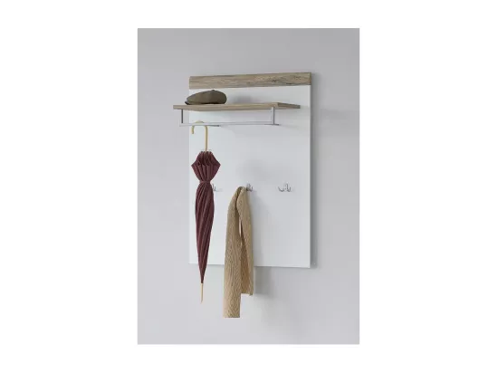 Panneau mural porte manteau avec étagère coloris blanc et chêne pour l'entrée de votre maison. Collection OHIO