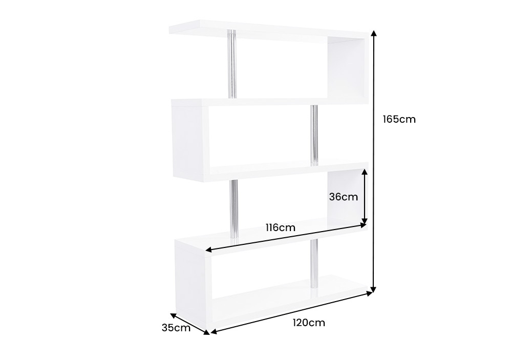 Design Regal SNAKE 165cm weiß Bücherregal Hochglanz mit fünf Böden
