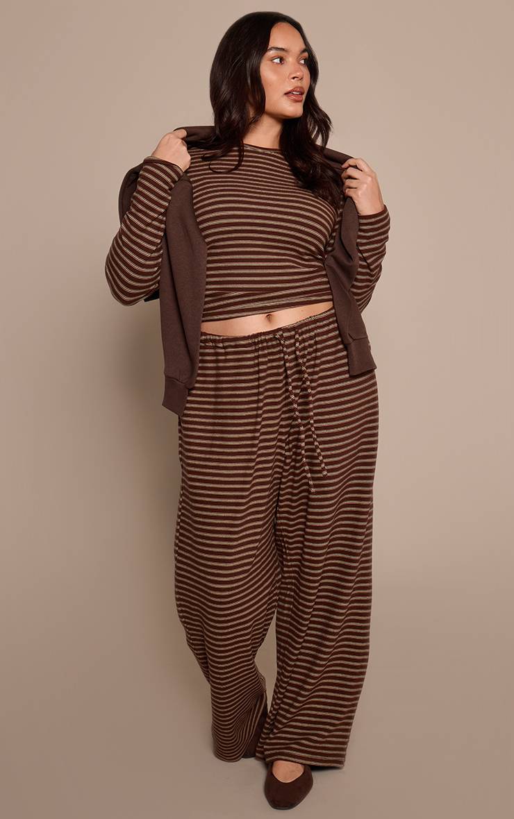Chocolat Ensemble Coordonné Jogging Jambe Droite En Molleton Doux Rayé Grande Taille