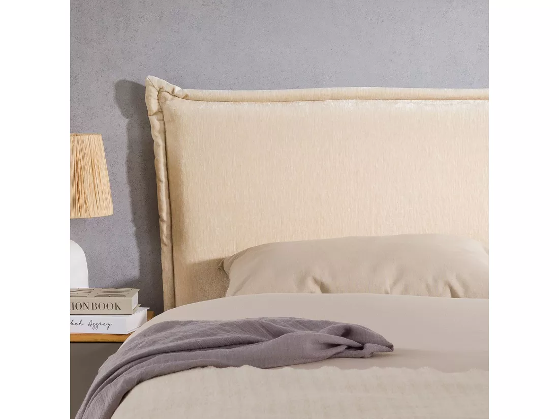 Tête de lit OVIO 160 rembourrée, En tissu polyester pour lit 160 cm, Sur pieds en bois, Blanc crème