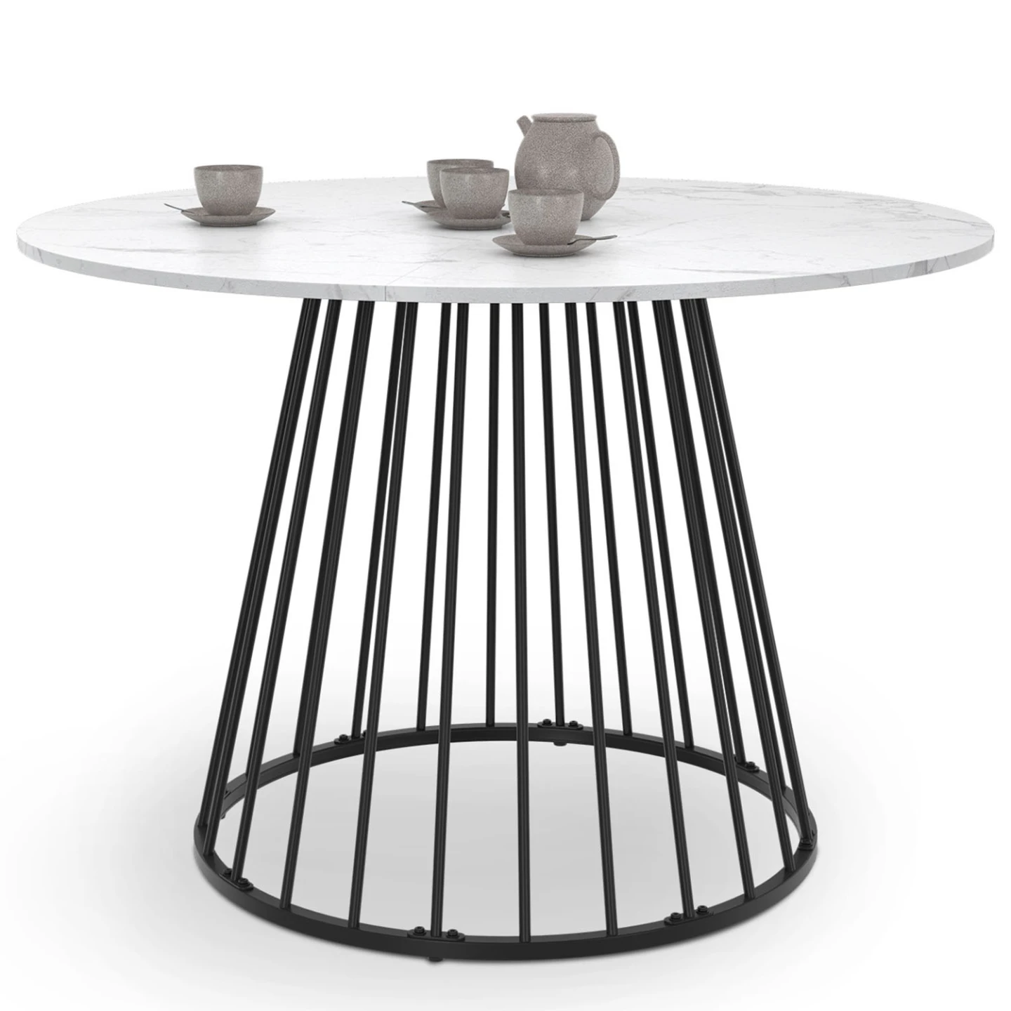 Table à manger ronde YUNA 6 personnes pied filaire en métal noir et plateau effet marbre blanc ALASKA 110 cm