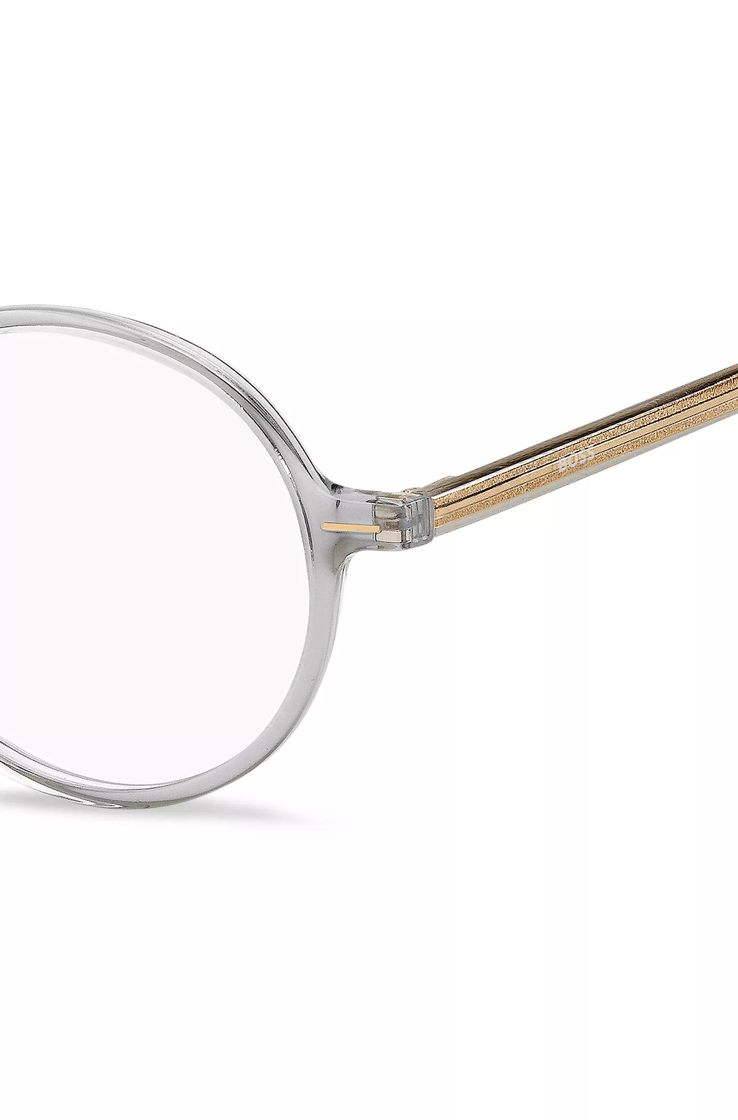 Armação de óculos BOSS em acetato preto e transparente com hastes de metal listradas.