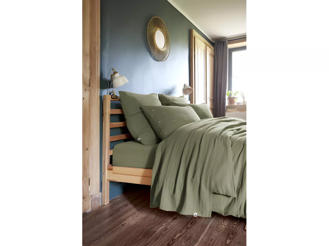 Parure de draps Gaze de Coton - Gaïa Romarin - 4 pièces 1 Drap plat 240 x 300 + 1 Drap housse 160 x 200 + 2 Taies 60 x 60